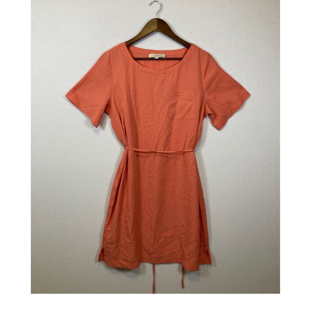LOFT Coral Orange Short Sleeve Tie Waist Dress Women's Size Medium Lyocell